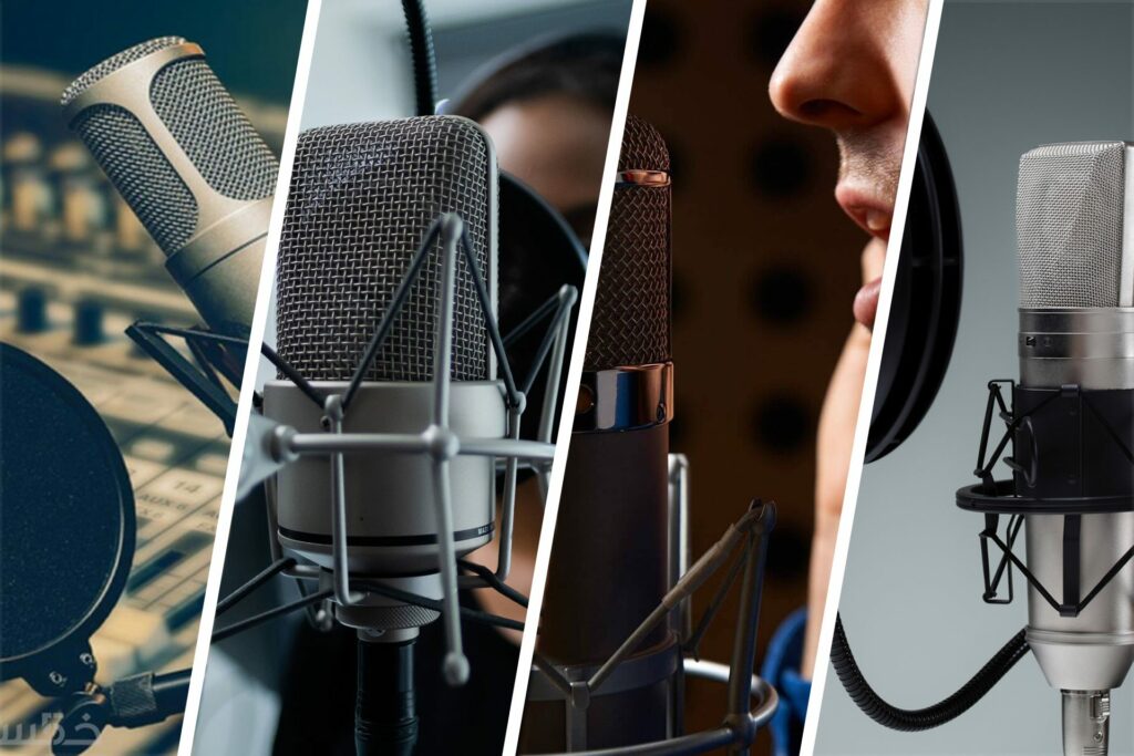 collage of voice-over artists in studio with microphones