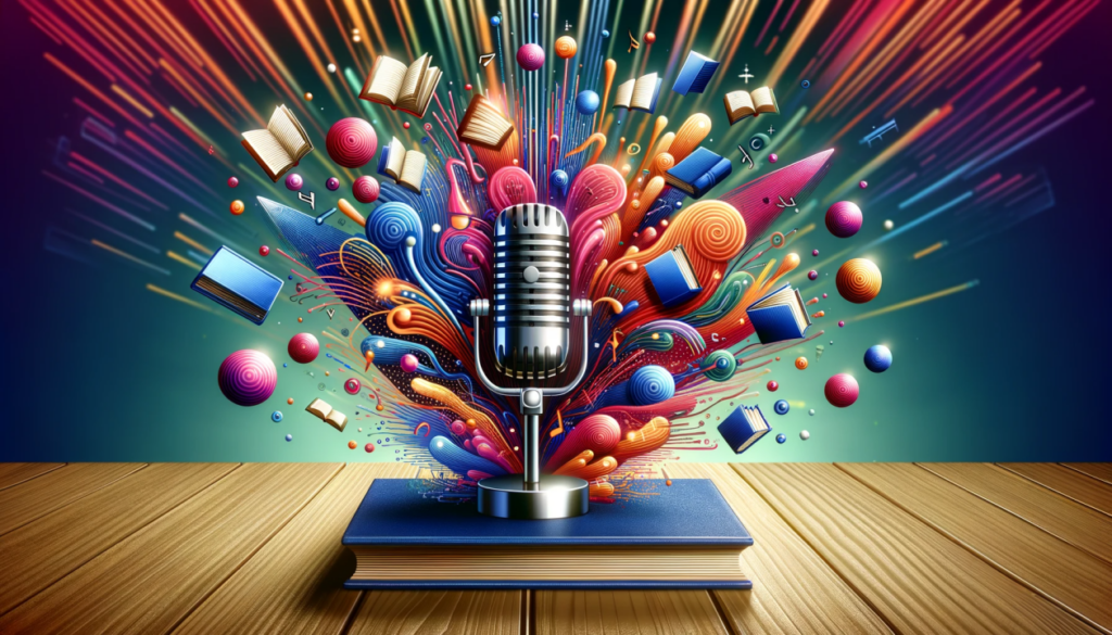 abstract microphone with excited books exploding